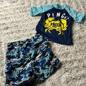 3T swim shorts and rash guard, short sleeve crabs, blue, white yellow